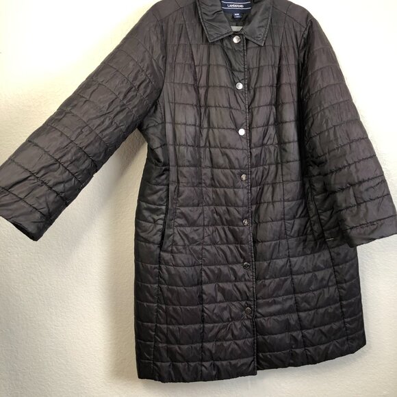 Lands' End Black Long Puffer Coat Women's 16W Snap Button Fall Winter Warm Cozy - Picture 4 of 12